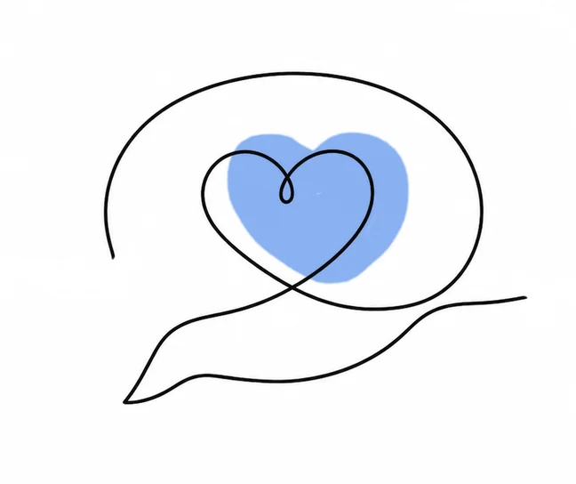 Line drawing of a speech bubble with a heart