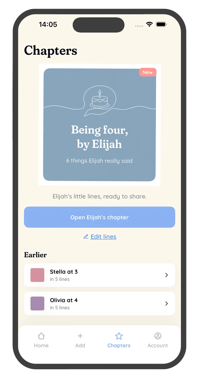 Little Lines app screen: Open their chapter