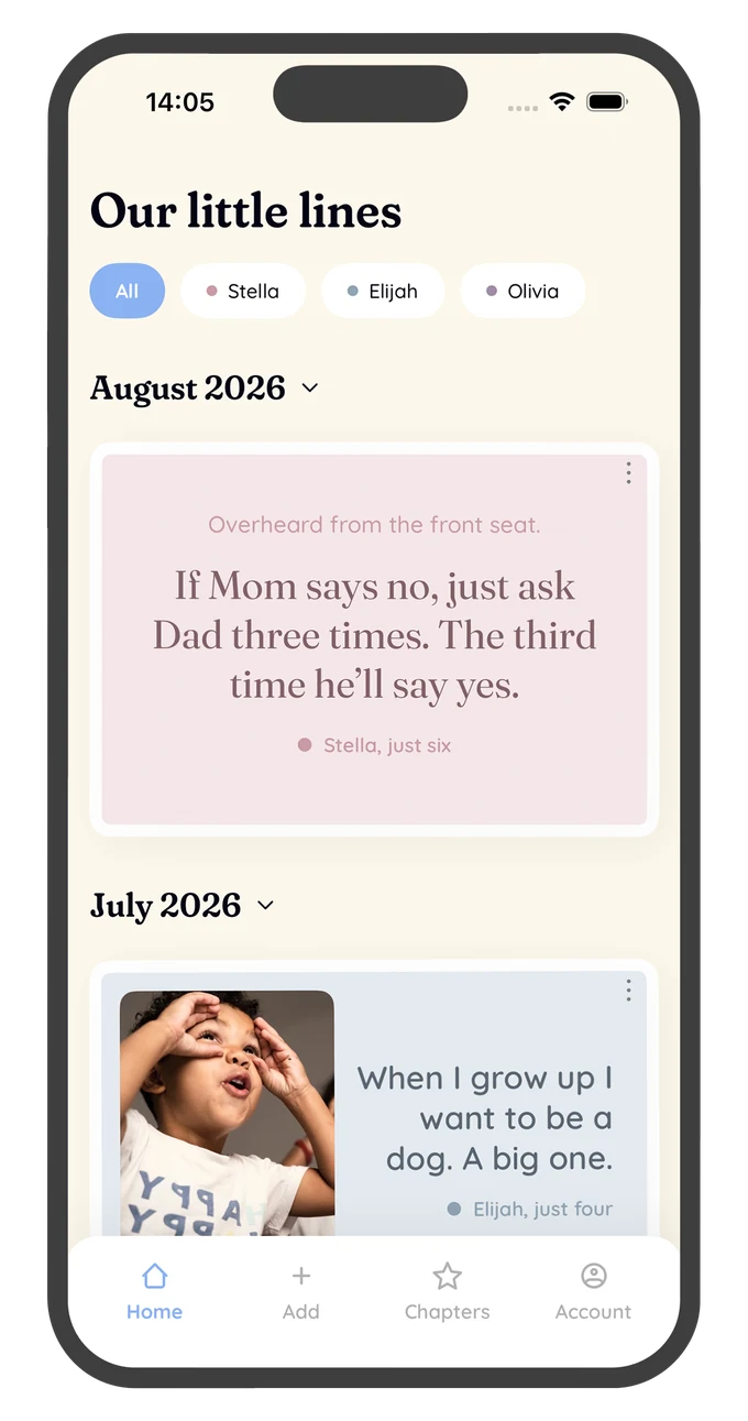 The Little Lines app on an iPhone, showing a timeline of kept lines
